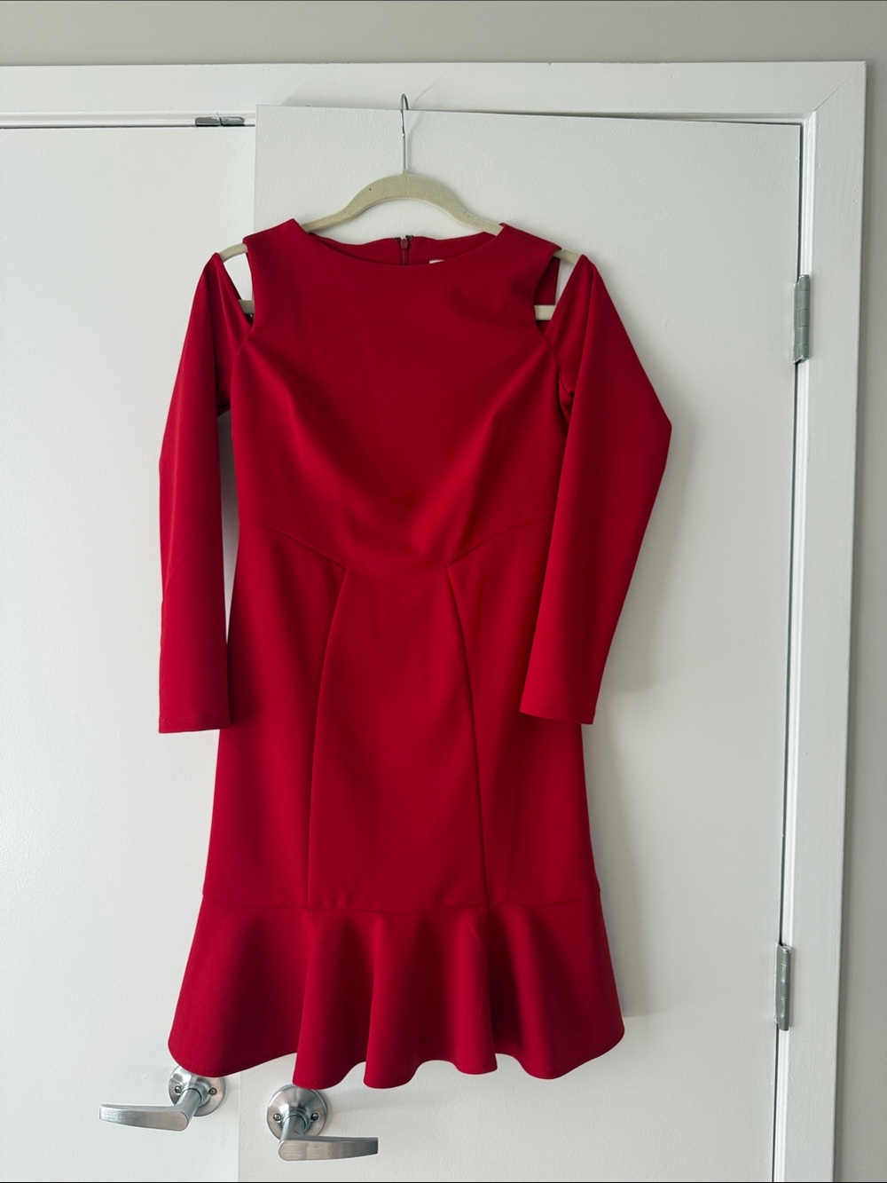 Nicole Miller Red Cold-Shoulder Long Sleeve Ruffle-Hem Dress